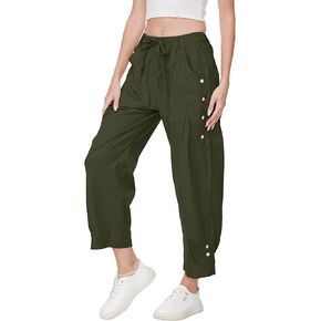 Women's Wide Leg Capri Pants Drawstring Elastic Waist Casual Pants Loose Fit Cinch Bottom Cropped Trousers with Pockets