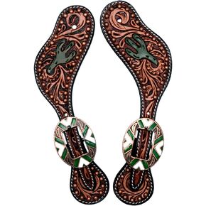 Cactus | Floral Tooled| Leather Spur Straps with Copper Spots for Horse Riders | Western Men, Women, Adjustable Single Ply Spur Straps | Equestrian Accessories, Natural Two Tone