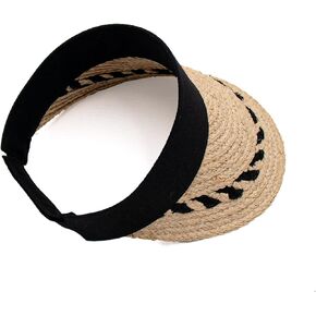 surell Raffia Straw Visor with Patterned Brim - Cute Summer Hat - Protective Sun Hat - Natural with Black