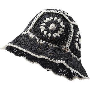Straw Bucket Hat Women Sun Cap Crochet Mesh Woven Wide Brim Floppy