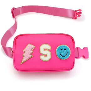 Fanny Pack for Girls Crossbody Bag, Preppy Nylon Kids Belt Bag for Birthday Christmas Graduation Personalized Gifts, Pink Chenille P Letter for Women Teen Girls Fanny Pack