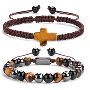 2 pcs Cross Beaded Bracelets for Men,8mm Black Obsidian Tiger eyes Hematite Mens Triple Protection Bracelet Set Fathers Day Birthday Jewelry Gifts