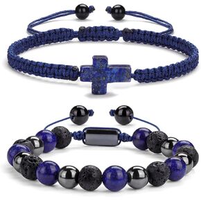 2 pcs Cross Beaded Bracelets for Men,8mm Black Obsidian Tiger eyes Hematite Mens Triple Protection Bracelet Set Fathers Day Birthday Jewelry Gifts