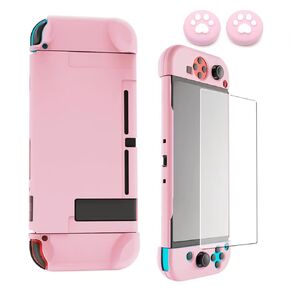 Dockable Switch Protective Case Cover Skin , Compatible with Joy-Con Controllers,with Glass Screen Protector and 4 Thumb Grips (Pink)
