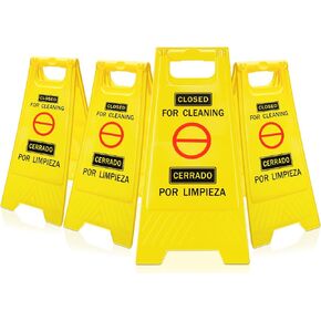 4 Pieces Closed for Cleaning Floor Sign Bilingual Two Sided Folding Closed for Cleaning Sign Bright Yellow Warning Signs for Commercial Use (English and Spanish)
