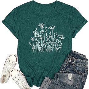 Women Graphic Tees Cute Nature Flower Printed Funny Short Sleeve Tops Vintage Novelty Casual Teacher Shirt