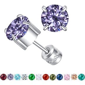 Titanium Screw Back Surgical Stainless Steel Stud Earrings for Women Men,Birthstone Stud Earrings Hypoallergenic Double Side 5A Cubic Zirconia Studs Jewelry 6mm