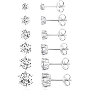 18K White/Yellow Gold Plated 6 Prong Round Clear Cubic Zirconia Stud Earring Pack of 6 Pairs (6 Pairs)