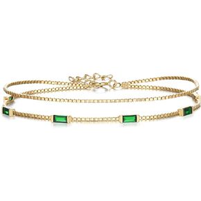 BriLove Dainty Elegant 925 Sterling Silver Cubic Zirconia 2 Layer Birthstone Bracelets for Women Girls,Six Emerald Cut Tennis Bracelets for Birthday Prom Gifts Jewelry