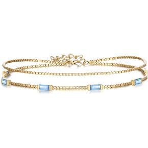 BriLove Dainty Elegant 925 Sterling Silver Cubic Zirconia 2 Layer Birthstone Bracelets for Women Girls,Six Emerald Cut Tennis Bracelets for Birthday Prom Gifts Jewelry