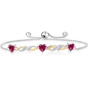 Gem Stone King 925 Sterling Silver and 10K Yellow Gold Red Created Ruby and White Lab Grown Diamond Heart Shape Tennis Bracelet For Women (1.83 Cttw, Fully Adjustable Up to 9 Inch)
