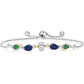 Gem Stone King 925 Silver and 10K Yellow Gold White Topaz Blue Sapphire Green Nano Emerald and Lab Grown Diamond Tennis Bracelet for Women By Keren Hanan (2.04 cttw, Adjustable Up To 9 Inch)