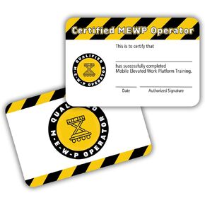 Qualified MEWP Mobile Elevated Work Platform Operator Certification Card | 5 pk 3.5x2.25" Plastic Wallet Training Certificate Fill In Name Completion Aerial OSHA Checklist