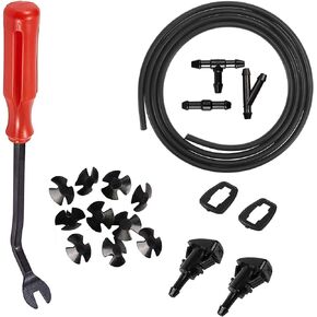 4805742AB Front Windshield Washer Nozzles Kit Compatible with Chrysler Dodge Jeep Ram,157-Inch Windshield Fluid Hose,3 Connector and 10 Hood Insulation Retainers. Black