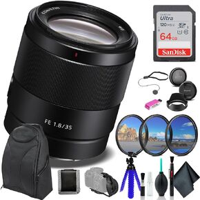 عدسة Sony FE مقاس 35 مم f/1.8 SEL35F18F، طقم فلتر، حقيبة ظهر، بطاقة 64 جيجابايت، قارئ بطاقات، حامل ثلاثي مرن، محفظة بطاقة الذاكرة، حافظة للغطاء، طقم تنظيف، حزام يد، والمزيد