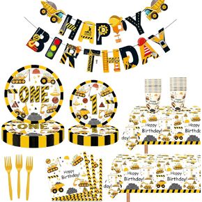 118pcs Construction 3rd Birthday Decor Construction Three Years Old Paper Dinner Plates Napkins Forks Cups Tablecloth Banner Dinnerware for Dump Truck Theme 3rd Bday Party Supplies Decorations