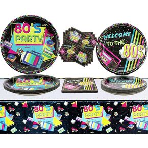 80s Party Supplies - 61 Pcs 80s Plates Napkins Tablecloth Set, for Back to the 80s Party Decorations, 80s Theme Birthday Party Supplies - Serves 20