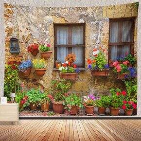 BERRY Tuscany Tapestry Italy Old Stone Wall Flowers Windows Tapestry Decor Wall Hangings Large Tapestry for Bedroom Living Room Dorm Man Cave(80x60 Inch)