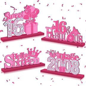 4Pcs Pink 16th Birthday Decorations Sweet 16 Birthday Table Decorations Hot Pink Silver 16th Birthday Table Sign with Wood Stand Vintage 2008 Table Decorations 16 Years Table Centerpieces for Girls