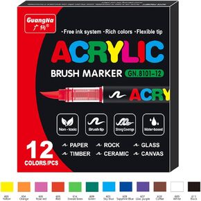 12 Color Acrylic Paint Pens, Soft Brush Tip Acrylic Paint Markers,Quick-Drying Waterproof Acrylic Markers for Canvas, Rock Painting, Wood, Stone, Glass, Ceramic, Fabric Painting, DIY Crafts