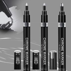 Liquid Chrome Finish Marker, 3pcs Silver Mirror-Like Touch Up Paint Pen Set for DIY Handmade Craftwork, Chromium Reflection, Waterproof UV Resistant, Bullet & Chisel & Bold Tips