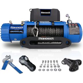 REINDEER New 12V Winch 9500 lb Load Capacity Electric Winch Synthetic Rope with Hawse Fairlead Waterproof IP67 with Wireless Remotes