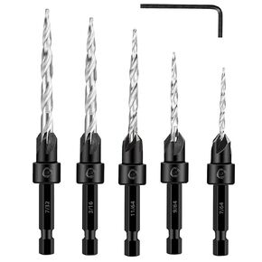 Countersink Drill Bit Set 5Pcs #4#6#8#10#12 Tapered Drill Bit for Woodworking, Counter Sink Drill Bit for Wood, Hex Shank Quick Change Counter Sinker Pre Hole Drill Bit Set