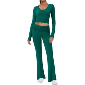 Imily Bela Womens Lounge Sets 2 Piece Outfits Long Sleeve V Neck Crop Top Fold-over Flare Pants Casual Yoga Sets