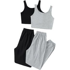 Floerns Women's 4 Pieces Outfit Scoop Neck Crop Tank Top and Sweatpants Set