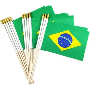 Brazil Stick Flag Brazilian Small Mini Hand Held Flags - Solid Wooden Pole & Spear Top (12 Pack, 5x8 Inches)
