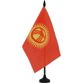 AZ FLAG Kyrgyzstan Table Flag 5'' x 8'' - Kyrgystani Desk Flag 21 x 14 cm - Black Plastic Stick and Base