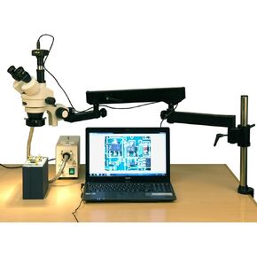 AmScope SM-8TZZ-FOR-8M Digital Professional Trinocular Stereo Zoom Microscope, WH10x and WH20x Eyepieces, 3.5X-180X Magnification, 0.7X-4.5X Zoom Objective, Fiber-Optic Ring Light, Articulating-Arm Boom Stand, 110V-240V, Includes 0.5x and 2.0x Barlow Lens