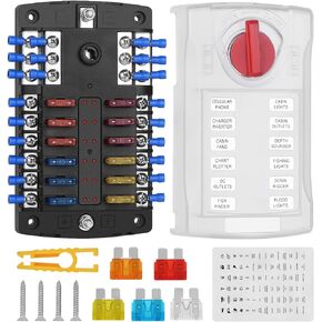 12 Volt Fuse Block, Waterproof Boat Fuse Panel with LED Warning Indicator Damp-Proof Cover, 12 Circuits with Negative Bus Fuse Box for Car Marine RV Truck Block DC 12-24V