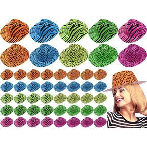 50 Pieces Animal Print Party Hats Plastic Neon Hats Cowboy Rave Hats for Kids and Adults Birthday Concerts Music Party Decorations, Blue Green Orange Rose Yellow