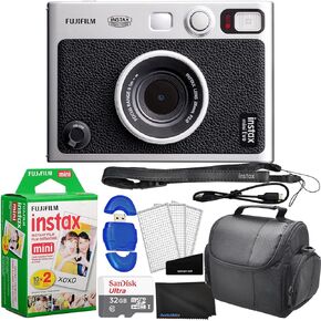 Fujifilm Instax Mini EVO Hybrid Instant Film Camera (Black) (16745183) Bundle It Better Kit with 20 Instant Film Sheets + 32GB Memory + Memory Card Reader, Case + Microfiber Cloth + Screen Protector