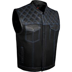 Dream Apparel Men’s SOA Denim & Leather Motorcycle Vest for Riding w/ 2 Concealed Carry Pockets, Biker Vest Black Club Vest