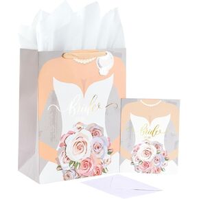 LeZakaa 13" Bride Shower Gift Bag, Silver Gift Bag with Tissue Paper, Gift Tag and Card - Bride with Flower 3D Paster Design for Engagement Shower, Bridal Party
