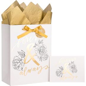 LeZakaa 13" Bride Shower Gift Bag, Silver Gift Bag with Tissue Paper, Gift Tag and Card - Bride with Flower 3D Paster Design for Engagement Shower, Bridal Party