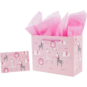 Lyforpyton Medium Gift Bags with Tissue Paper 9" Pink Zoo Gift Bags for Kids Girls Birthday Party, New Parents, Baby Shower