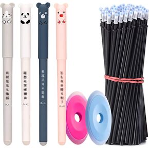 Erasable Gel Pens, 0.5mm Erasable Ballpoint Pen 4 Pack Cartoon Animal Rollerball Gel Pens with 20 Refills and 2 Erasers for Adult Writing Kids Calligraphy Note Taking School Office Supplies