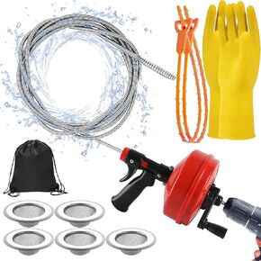 Plumbing Snake Drain Auger 32 Feet Sink Snake with Drill Adapter | Manually or Powered Pipe Drain Clog Remover for Kitchen Bathroom Sink | Comes with 2 Pcs Hair Snake & 5 Pcs Sink Strainer & Gloves