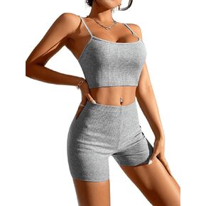 Floerns Women's 2 Piece Outfits Solid Rib Knit Crop Cami Top and Biker Shorts Set