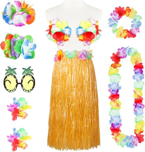 9 Pieces Hawaiian Hula Grass Skirt Costume Outfit Accessories Set Necklace Leis Flower Garland Bracelet for Women in Saudi Arabia