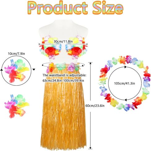9 Pieces Hawaiian Hula Grass Skirt Costume Outfit Accessories Set Necklace Leis Flower Garland Bracelet for Women in Saudi Arabia