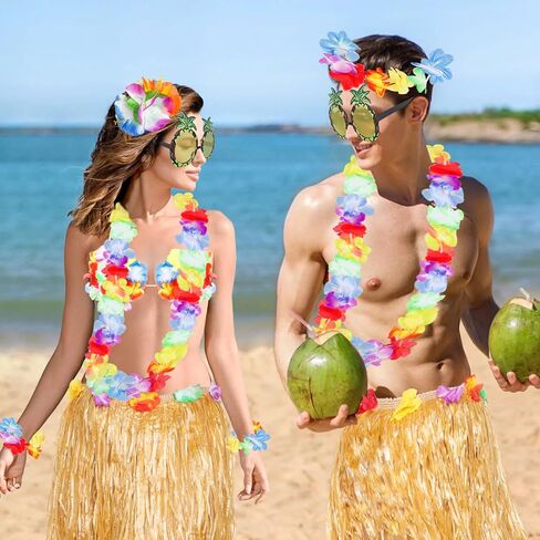 9 Pieces Hawaiian Hula Grass Skirt Costume Outfit Accessories Set Necklace Leis Flower Garland Bracelet for Women in Saudi Arabia
