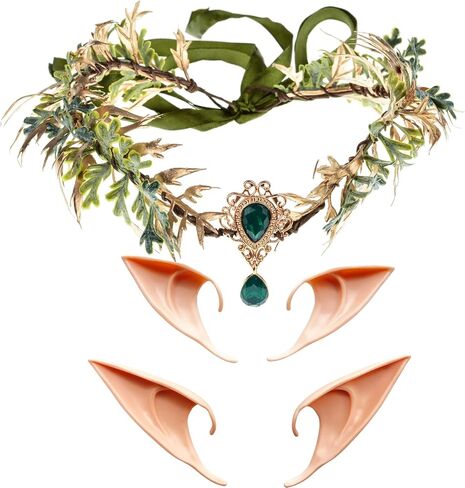 June Bloomy Women Flower Crown Fairy Costume Headband Renaissance Forest Leaf Headband 2 Pair Elf Ear Headpiece Set(Black Butterfly) in Saudi Arabia