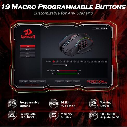 ماوس ألعاب Redragon اللاسلكي، ماوس ألعاب MMO يصل إلى 16000 نقطة لكل بوصة، 19 زرًا ماكرو قابل للبرمجة، ماوس ألعاب RGB قابل لإعادة الشحن مع 12 زرًا جانبيًا، 70 ساعة للكمبيوتر المحمول MOBA FPS، M901P-KS in Kuwait