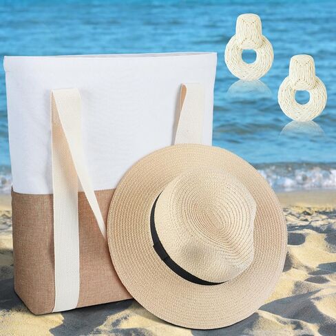 3 Pcs Boho Beach Bag and Hat with Hat Holder for Women Summer Travel Tote Bag Earrings for Vacation in Saudi Arabia