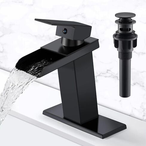 Black Waterfall Bathroom Faucet Single Handle Sink Vanity Faucets with Pop Up Drain 1 Or 3 Hole 4 Inch Bathroom Sink Faucet Water Mixer Tap Lavatory Sink Faucet Solid Brass Matte Black in Saudi Arabia