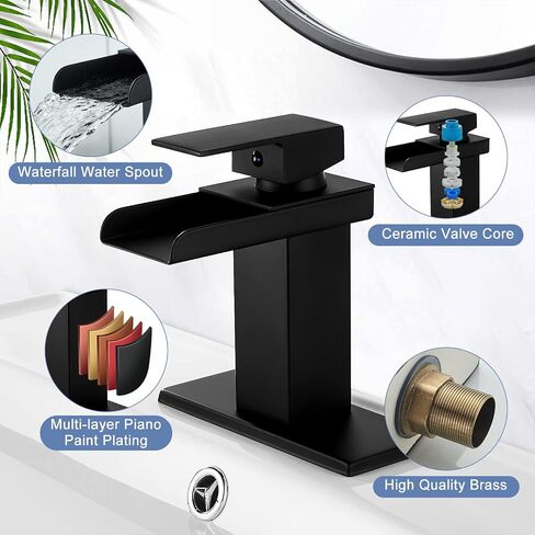 Black Waterfall Bathroom Faucet Single Handle Sink Vanity Faucets with Pop Up Drain 1 Or 3 Hole 4 Inch Bathroom Sink Faucet Water Mixer Tap Lavatory Sink Faucet Solid Brass Matte Black in Saudi Arabia